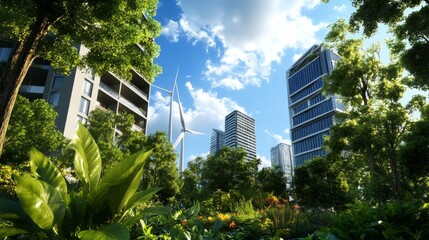 Obraz premium Urban greenery and sustainable architecture with wind turbines