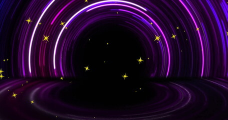 Fototapeta premium Image of stars and glowing purple light trails moving over black background