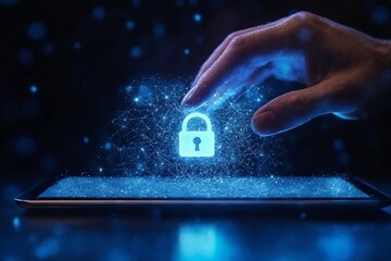 Mano interactúa con un candado digital sobre una tableta, representando ciberseguridad y protección de datos.