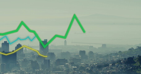 Image of financial data processing over cityscape