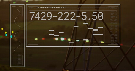 Image of financial data processing over electricity pylon