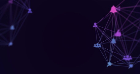 Image of network of connections with icons on black background