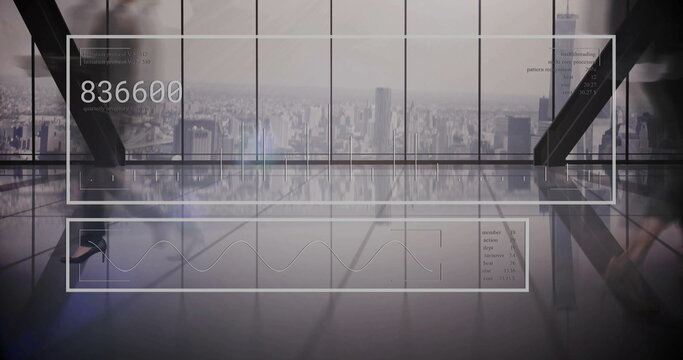 Image of financial data processing over business people walking in office