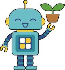 かわいいロボットのキャラクター　鉢植えの新芽を持つ
