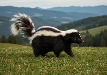 Obraz premium Black and white skunk saunters across a green grassy hillside