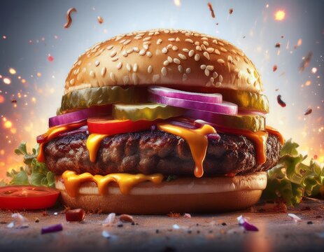 Fotograf&iacute;a de estudio profesional de una hamburguesa de ternera frita, con queso fundido y salsa mayo y salsa cheedar, tomate rojo, pepinillo, cebolla roja fina, estilo 4k, ultra realista