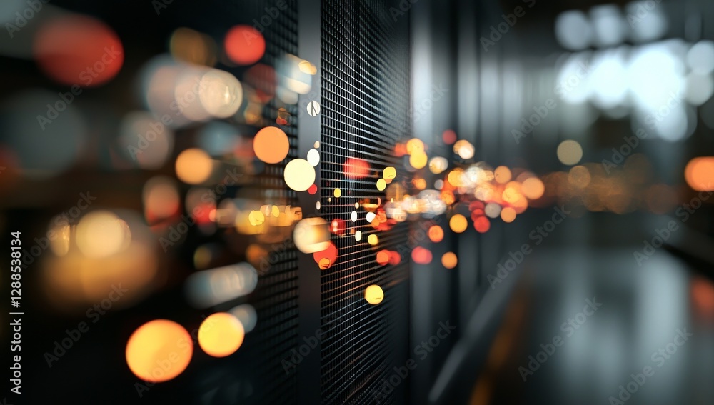 Poster a server room data center is shown with graph holograms flying overhead in a 3d rendering
