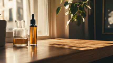 Vaping device on a wooden countertop next to a glass carafe. Featuring simplicity and serenity