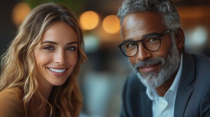 Fototapeta premium Portrait of a woman and a man with glasses smiling softly at the camera
