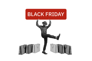 Collage minimal picture of excited funky lady guy rising black friday announcement isolated grey color background