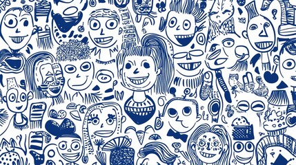 Blue and White Doodle Sketch in Unique Styles Featuring Various Quirky Faces and Expressions