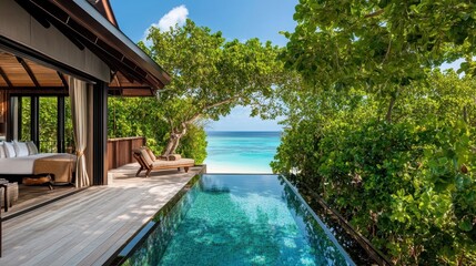 Fototapeta premium A luxurious private villa on stilts, complete with a deck and pool, surrounded by a vast turquoise sea, ideal for a tropical retreat.