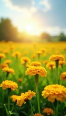 Obraz premium Field of bright yellow marigolds in a sunny meadow, yellow, sun, wildflowers