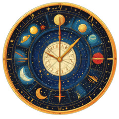 Fototapeta premium A celestial clock marking cosmic events, Isolated on transparent or white background cut out, Celestial and Cosmic Themes clip art concept