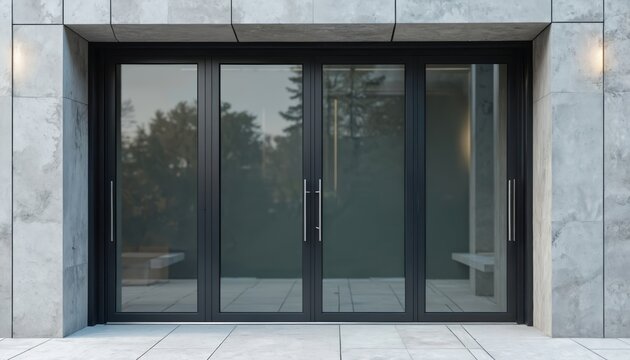 Large glass doors with black frame. Modern architectural design. Building exterior with grey concrete wall, tile floor, accentuating empty entrance. Urban style, office commercial space. Contemporary