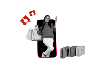 Creative billboard collage banner website for followers nike subscription advert phone display girl pay online isolated on gray background