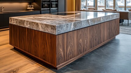 Luxury kitchen island, marble countertop, walnut base, modern home, winter view