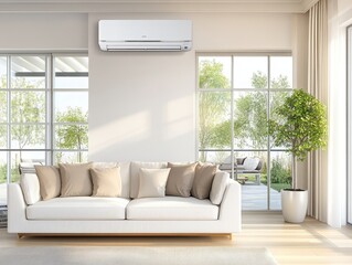 Fototapeta premium Modern Living Room Interior Design Featuring a Wall Mounted Air Conditioner and Comfortable White Sofa