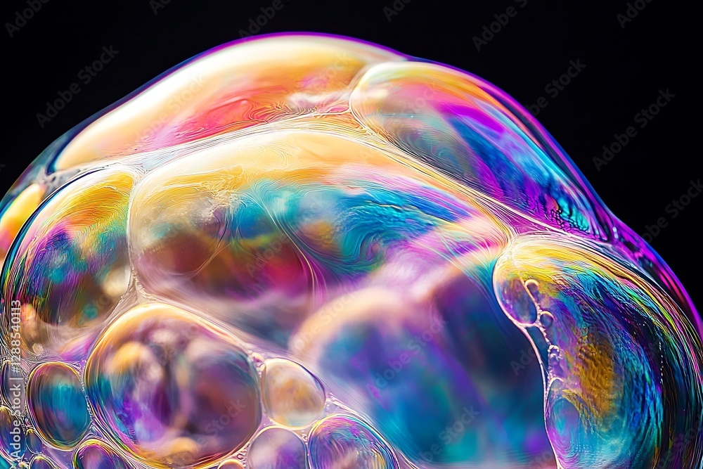 Aufkleber Close-up of iridescent soap bubble with colorful reflections and smaller bubbles.