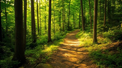 Naklejka premium A scenic forest trail surrounded by lush greenery and golden light, winding through dense foliage. A peaceful escape for hikers, nature lovers, and outdoor enthusiasts, perfect for adventure