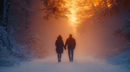 Fototapeta premium lovers holding hands walking through snow-covered forest with gentle snowfall