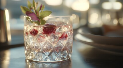 Sparkling Raspberry Cocktail, Sunset Restaurant, Ice, Garnish