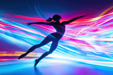 Naklejka premium Silhouette of a graceful female dancer leaping against a vivid backdrop of colorful streaks, creating a dynamic and artistic visual effect.