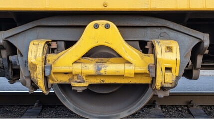 Closeup of the wheel and brake system of a railway car, showing the intricate details of the mechanism and its essential role in transportation. Industrial and mechanical engineering concepts