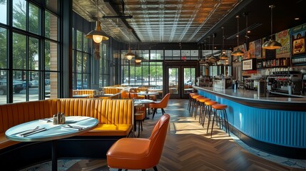 Cozy restaurant interior featuring booth seating and a bright, open design.