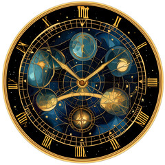 Naklejka premium A celestial clock marking cosmic events, Isolated on transparent or white background cut out, Celestial and Cosmic Themes clip art concept