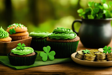 Delightful Saint Patricks Day treats on a wooden table with festive decorations and clovers