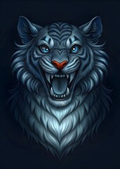 Fototapeta premium Majestic White Tiger Fierce Predator Striking Blue Eyes Powerful Roaring Illustration Art