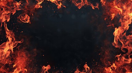 Fiery frame border on a black background with red flames and a black hole effect. Sparks and embers with a lava texture, creating a hyper-detailed, photo-realistic design element in dark tones