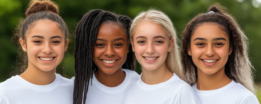 Discover the joy of teamwork Four smiling Friends volunteering at an event, showcasing how a shared purpose can ease disagreements and foster unity See these diverse young women working together - Powered by Adobe