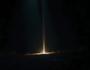 A single beam of light pierces deep darkness, creating a striking contrast. Soft edges fade into the void, with floating dust particles adding depth. A minimalist composition evoking mystery and hope.