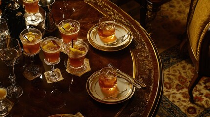 Luxurious cocktails, ornate table, mansion interior, drinks party