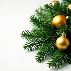Evergreen fir branch nestled among golden Christmas ornaments, decorations, holiday
