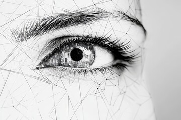 Obraz premium Intricate black and white abstract human eye illustration merging realism with geometric patterns