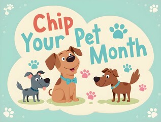 Four cartoon dogs of various sizes and colors, with "Chip Your Pet" text, advocate for pet microchipping in a friendly, playful design