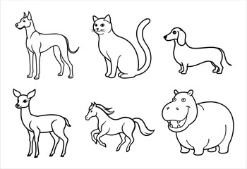 A set of six random animal vector line art designs. Simple collection. Isolated bundle on white background.