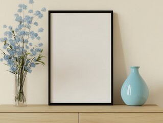 Modern Minimalist Home Decor Mockup with Blank Frame, Blue Vase, and Delicate Blue Flowers on Wooden Shelf
