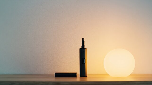 Vaping device on a wooden surface next to a minimalistic lamp. Featuring tranquility and modernity
