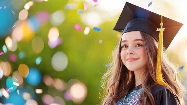 A cheerful graduate in a cap and gown smiles amidst colorful confetti, celebrating a significant academic achievement outdoors.goal of life achievement learning. success,