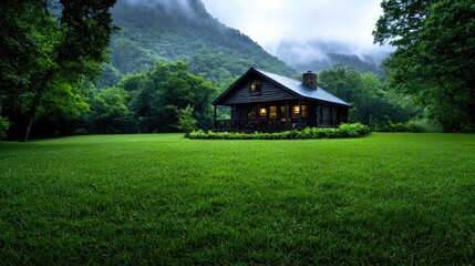 Obraz premium Mountain cabin at dusk, green lawn, misty hills. Vacation rental