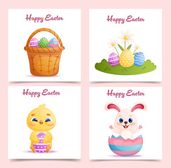 Happy Easter greeting card set. Easter egg, rabbit, chicken, basket. Cartoon illustration.