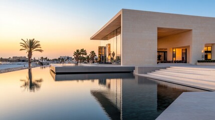 Desert resort sunset pool reflection architecture