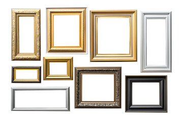 Collection of empty vintage frames on transparent background