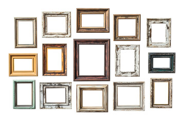 Collection of empty vintage frames on transparent background