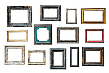 Collection of empty vintage frames on transparent background