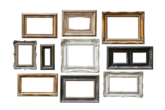 Collection of empty vintage frames on transparent background